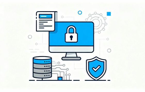 白背景のファイルと鍵・シールドで構成したセキュリティのフラットデザイン素材（無料・商用利用可）