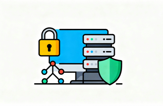 データ保護を象徴する鍵とシールドのフラットイラスト｜白背景のセキュリティ系フリー画像