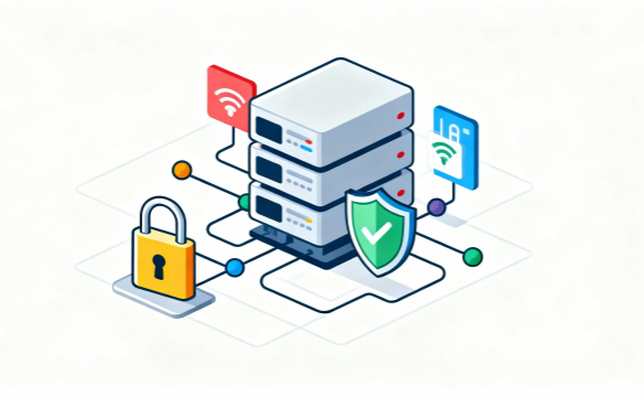 シールドと鍵でデータを守るサイバーセキュリティのフラットデザインイラスト（白背景・無料素材）