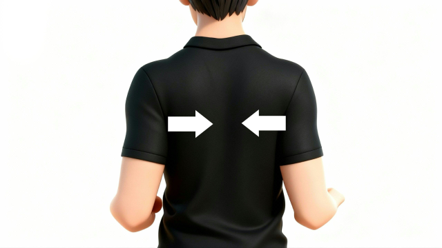 理学療法士監修：体幹、肩甲帯を鍛えて、きれいな姿勢を保つ自主トレイラスト素材。椅子に座った状態で肩甲骨内転運動を行う姿勢を後ろから描いた自主トレ用イラスト。菱形筋と僧帽筋中部が分かりやすく、肩こり予防やストレッチに使いやすい白背景のフリー画像サムネイル