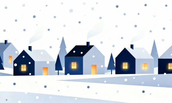 白背景の雪の街フラットイラスト素材｜冬の街並みと明かり・無料・商用利用可能