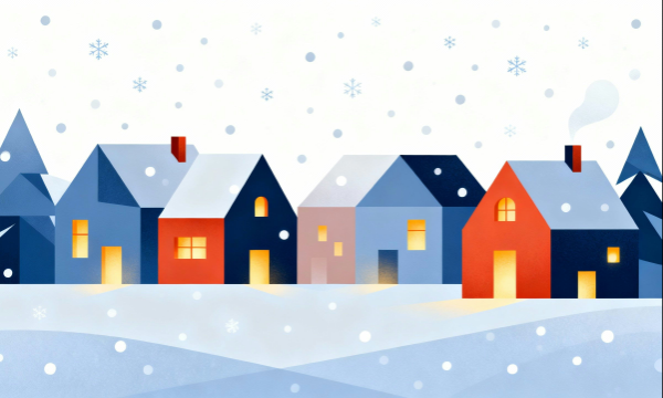 白背景×雪の街のフラットイラスト素材｜冬の街並みと窓の明かり・無料・商用利用可能