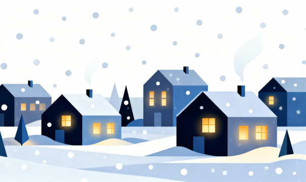 白背景の雪の街イラスト素材｜冬の街並みと明かりを描いたフラットデザイン【無料・商用利用可能】