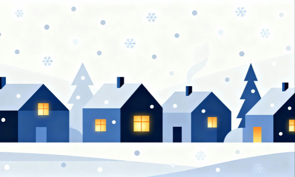 白背景の雪の街イラスト｜冬の街と窓の明かりを描いたフラットデザイン素材【無料・商用利用可能】