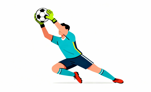 サッカーのキーパーが横っ飛びでキャッチする瞬間のシンプルなフラットイラスト素材