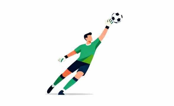 サッカーのゴールキーパーが横っ飛びでパンチングする白背景フラットデザインイラスト素材