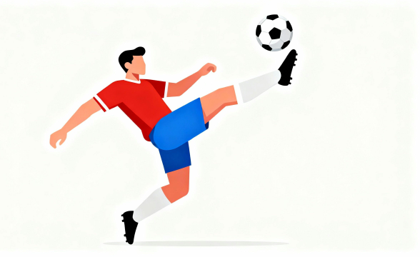 白背景のサッカー選手がオーバーヘッドキックでシュートするフラットイラスト【無料・商用利用可】