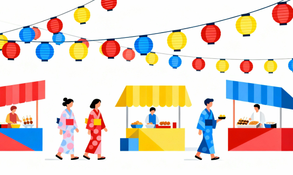 白背景の夏祭りイラスト素材｜浴衣と露店を描いたフラットデザイン【無料・商用利用可能】