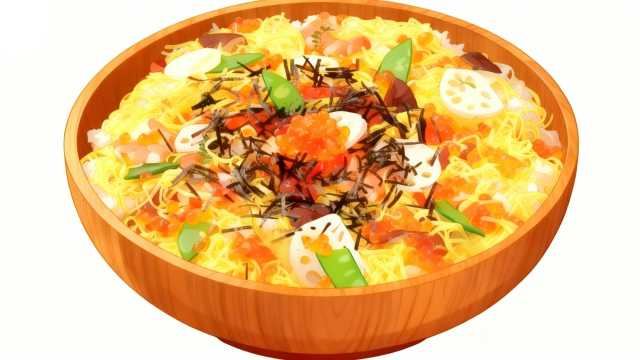 白背景に錦糸玉子やいくら、れんこん、スナップエンドウが入ったちらし寿司を描いた、ひなまつりや春のお祝い、保育園・幼稚園の行事案内に使える無料イラストサムネイル