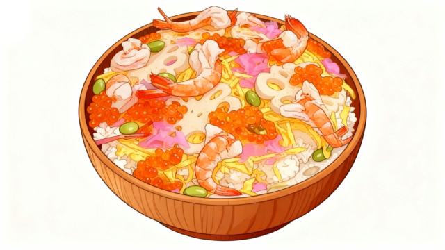 白背景に錦糸玉子、海老、いくら、れんこん、枝豆が入ったちらし寿司を描いた、ひなまつりや春のお祝い、保育園・幼稚園の行事案内に使える無料イラストサムネイル