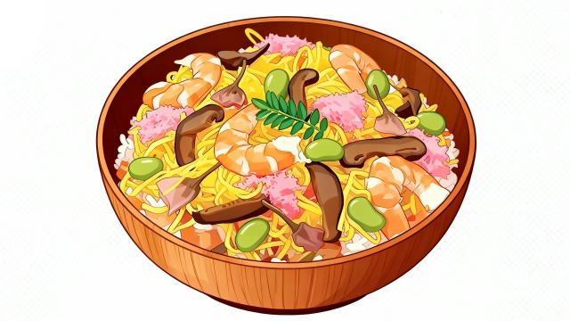 白背景に錦糸玉子、海老、桜でんぶ、しいたけ、枝豆が入ったちらし寿司を描いた、ひなまつりや春のお祝い、保育園・幼稚園の制作物に使える無料イラストサムネイル