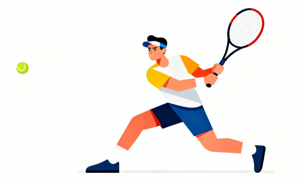 白背景のテニス選手がボールを打ち返すフラットデザインの無料イラスト素材