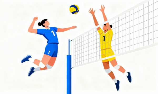 バレーのスパイクとブロックの攻防イラスト｜白背景のフラットデザイン無料素材
