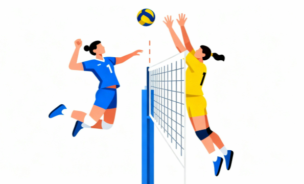 白背景のバレー選手スパイク＆ブロックのフラットデザインイラスト【無料・商用利用可】