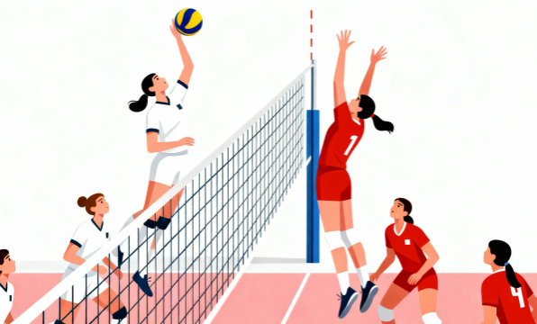 バレーボールのスパイクとブロックを描いたシンプルなフラットイラスト素材【フリー画像】