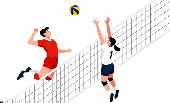 白背景のバレー選手スパイク＆ブロックを描いたシンプルなフラットイラスト【無料・商用利用可】