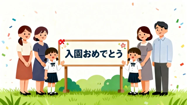 入園式の無料イラスト｜看板前で友達家族と記念撮影｜シンプル・フラットデザイン・白背景・商用利用可能