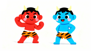 白背景で、笑顔の赤鬼と青鬼が勇ましくファイティングポーズをとる節分向けユーモラスなイラスト素材サムネイル