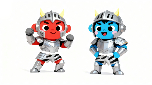 白背景で、豆まきの攻撃力を軽減するためにフル装備をした赤鬼と青鬼が、笑顔で勇ましくファイティングポーズをとる節分向けユーモラスなイラスト素材サムネイル