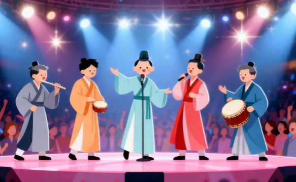 ライブ会場を背景に、ひな人形の五人囃子がアイドル活動として大盛況のステージで演奏している、ひな祭り向けのユーモラスなイラスト素材サムネイル