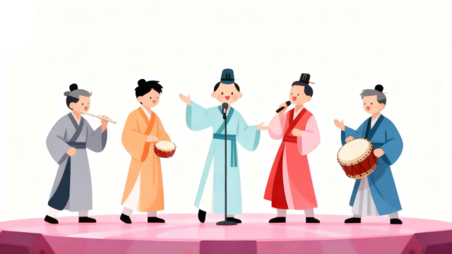 白背景で、ひな人形の五人囃子がアイドル活動として大盛況のステージで演奏している、ひな祭り向けのユーモラスなイラスト素材サムネイル