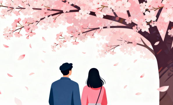 卒業式の日に桜の下で立っているカップルのイラスト3。理学療法士が制作した幼稚園や保育所のこどもたち、小学生、中学生、高校生にも最適な季節イベント素材。商用無料・白背景・フラットデザインの高品質なフリー画像。