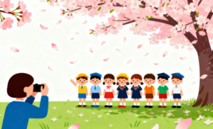 卒園式で桜の下で記念撮影をするこどもたちのイラスト2。理学療法士が制作した幼稚園や保育所のこどもたち、小学生、中学生、高校生にも最適な季節イベント素材。商用無料・白背景・フラットデザインの高品質なフリー画像。