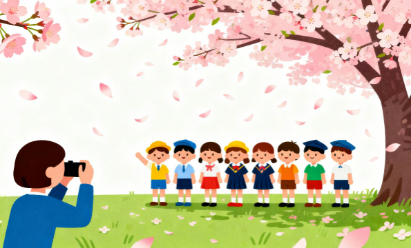 卒園式で桜の下で記念撮影をするこどもたちのイラスト2。理学療法士が制作した幼稚園や保育所のこどもたち、小学生、中学生、高校生にも最適な季節イベント素材。商用無料・白背景・フラットデザインの高品質なフリー画像。