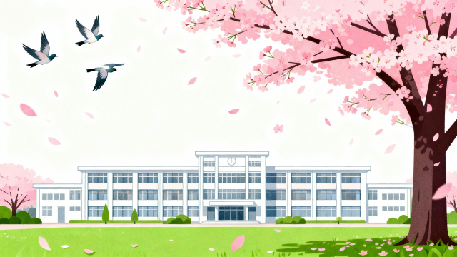 卒業式で桜が舞う学校、校舎のイラスト。理学療法士が制作した幼稚園や保育所のこどもたち、小学生、中学生、高校生にも最適な季節イベント素材。商用無料・白背景・フラットデザインの高品質なフリー画像。