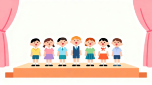 卒園式で歌を歌っているこどもたちのイラスト。理学療法士が制作した幼稚園や保育所のこどもたち、小学生、中学生、高校生にも最適な季節イベント素材。商用無料・白背景・フラットデザインの高品質なフリー画像。