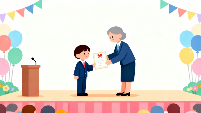 卒園式で先生から証書をもらうこどものイラスト。理学療法士が制作した幼稚園や保育所のこどもたち、小学生、中学生、高校生にも最適な季節イベント素材。商用無料・白背景・フラットデザインの高品質なフリー画像。