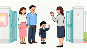 卒園式の日に先生に手を降るこどものイラスト。理学療法士が制作した幼稚園や保育所のこどもたち、小学生、中学生、高校生にも最適な季節イベント素材。商用無料・白背景・フラットデザインの高品質なフリー画像。