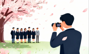 卒業式で桜の下で記念撮影をする学生たちのイラスト。理学療法士が制作した幼稚園や保育所のこどもたち、小学生、中学生、高校生にも最適な季節イベント素材。商用無料・白背景・フラットデザインの高品質なフリー画像。