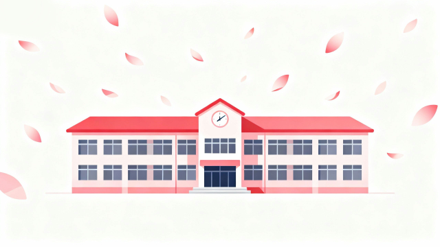 卒業式で桜が舞う学校、校舎のイラスト3。理学療法士が制作した幼稚園や保育所のこどもたち、小学生、中学生、高校生にも最適な季節イベント素材。商用無料・白背景・フラットデザインの高品質なフリー画像。