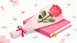 卒業証書と赤いバラの綺麗なイラスト。卒園・卒業にまつわる面白いクイズや、感動の豆知識を解説するアイキャッチ。白背景。