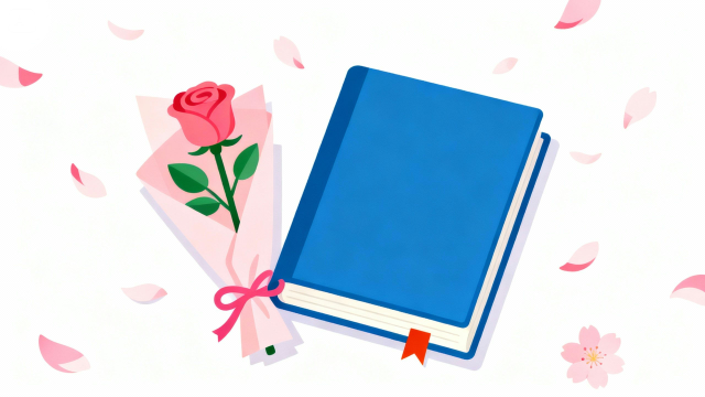 卒業式のアルバムとバラのイラスト。理学療法士が制作した幼稚園や保育所のこどもたち、小学生、中学生、高校生にも最適な季節イベント素材。商用無料・白背景・フラットデザインの高品質なフリー画像。