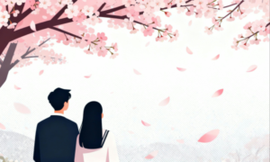 卒業式の日に桜の下で立っているカップルのイラスト4。理学療法士が制作した幼稚園や保育所のこどもたち、小学生、中学生、高校生にも最適な季節イベント素材。商用無料・白背景・フラットデザインの高品質なフリー画像。