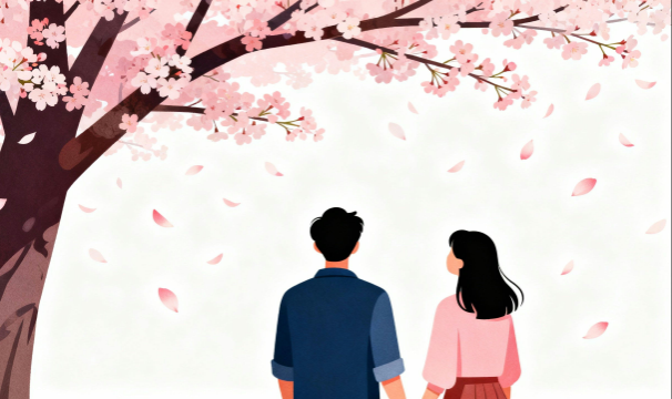 卒業式の日に桜の下で立っているカップルのイラスト5。理学療法士が制作した幼稚園や保育所のこどもたち、小学生、中学生、高校生にも最適な季節イベント素材。商用無料・白背景・フラットデザインの高品質なフリー画像。