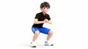 ハーフスクワットをするイラスト。理学療法士が制作したセルフケアに最適な自主トレ素材。商用無料・白背景・フラットデザインの高品質なフリー画像。