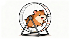 回し車で走るかわいいハムスターのイラスト。幼稚園・保育園で使えるおもしろい雑学・クイズ記事のまとめアイキャッチ。理学療法士監修。