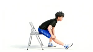 理学療法士監修：太もものストレッチにて、きれいな姿勢を保つ自主トレイラスト素材。ハムストリングスのストレッチをするイラスト。理学療法士が制作したセルフケアに最適な自主トレ素材。商用無料・白背景・フラットデザインの高品質なフリー画像。