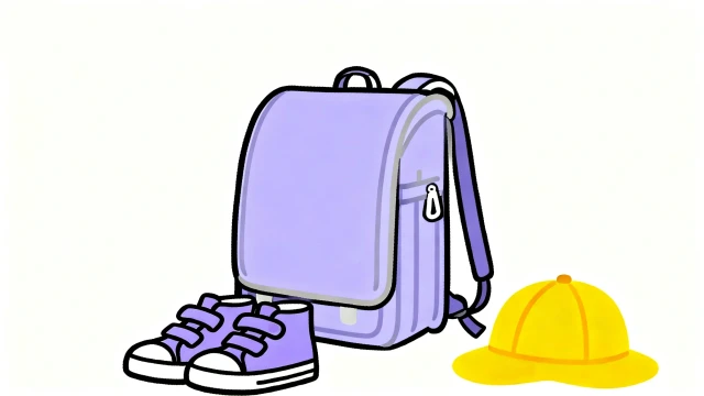 小学校の入学準備イラスト｜薄紫のランドセル・上履き・黄色い帽子のセット｜フラット・商用利用可能