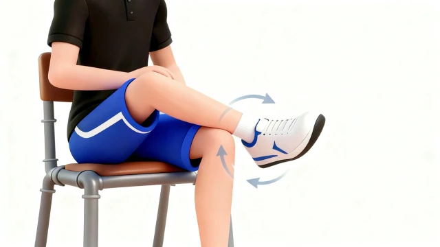 足首、足関節のストレッチをするイラスト。理学療法士が制作したセルフケアに最適な自主トレ素材。商用無料・白背景・フラットデザインの高品質なフリー画像。