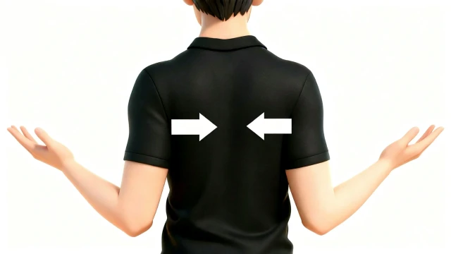 理学療法士監修：背筋、肩甲骨周りを鍛えて、きれいな姿勢を保つ自主トレイラスト素材。菱形筋の筋トレをするイラスト。理学療法士が制作したセルフケアに最適な自主トレ素材。商用無料・白背景・フラットデザインの高品質なフリー画像。