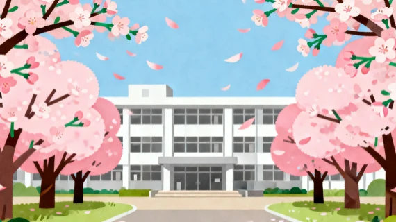 入学式の桜と学校の無料イラスト｜満開の桜と舞い散る花びら｜シンプル・フラットデザイン・商用利用可能