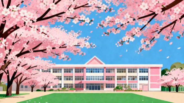 入学式の桜と学校の無料イラスト｜満開の桜と花びら｜シンプル・フラットデザイン・商用利用可能