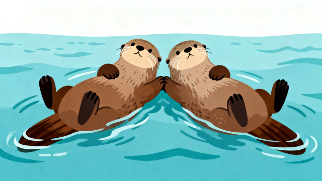 海の上で手をつなぐ２匹のラッコのフラットイラスト素材｜かわいい無料フリー画像【商用利用可能】