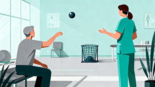 理学療法士、作業療法士、セラピストがリハビリをしているイラスト。患者さんがボール投げをしている場面。
