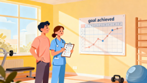 理学療法士が患者さんと目標、ゴールに向けて評価、話しをしているイラスト。