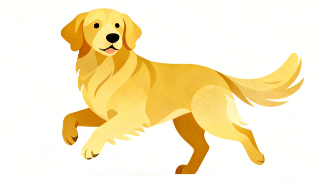 横向きで元気いっぱいに走る、明るい毛色のゴールデンレトリバーのフリーイラスト。ゴールデンレトリバーの白背景のフラットデザインのイラスト3。躍動感が感じられる、かわいい犬のイラスト。